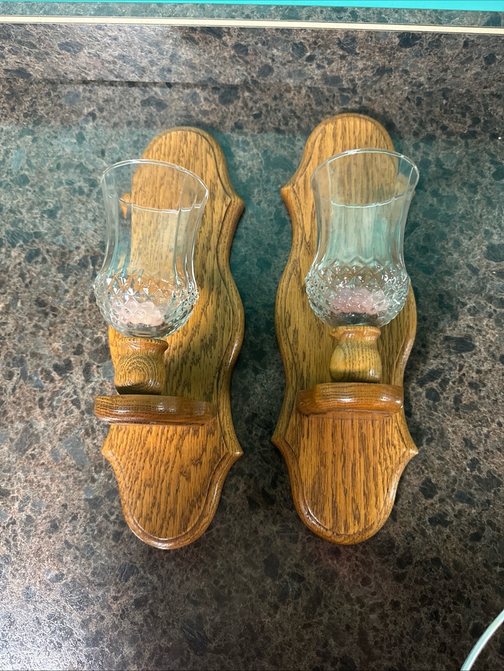 Oak Wall Sconce Candle Holders with Clear Glass Shades - Set of 2